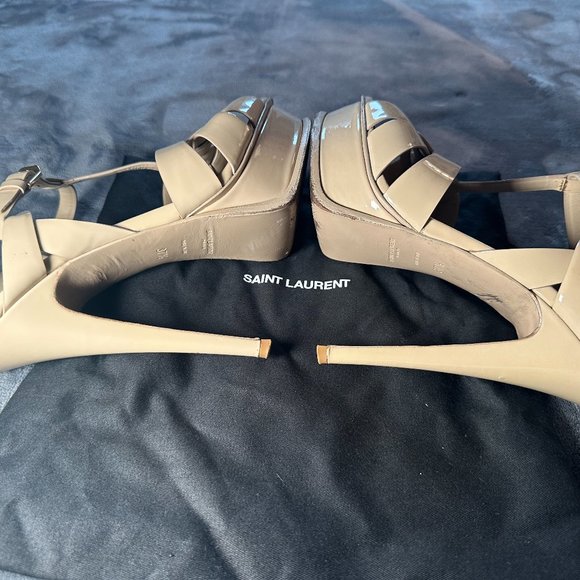 SAINT LAURENT YSL Tribute Platform Leather Sandal Nude Size 37.5, w/ Box & Bags - Picture 8 of 14